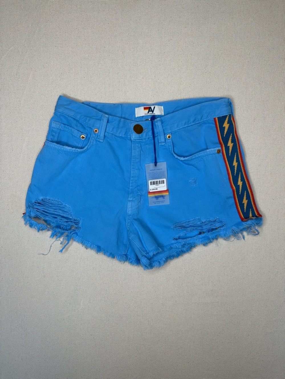NWT Aviator Nation Bolt Stripe Boyfriend Cut-off Sky Blue Jean Shorts Size 27